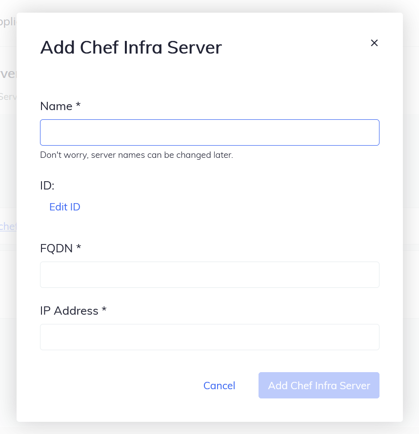 Add Chef Infra Server dialog with Name, FQDN, and IP Address fields.